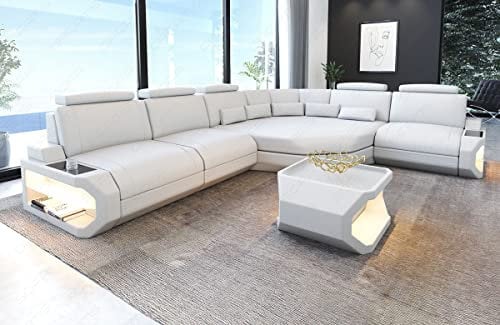 Ledersofa Asti als L Form Sofa in Leder mit Kopfstützen und LED Beleuchtung (Ecke rechts, White)