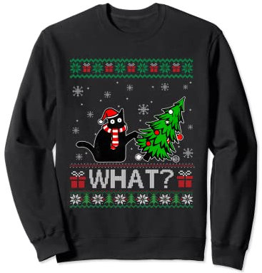 Cat What Funny Black Cat Pushing Weihnachtsbaum Ugly Xmas Sweatshirt