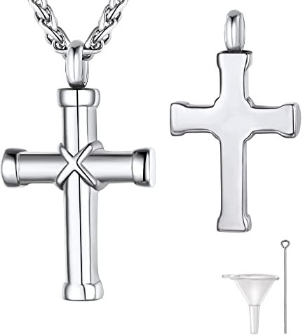Supcare Urn Necklaces for Ashes with Cross Stainless Steel Memorial Human Cremains Jewellery 55cm Chain Loss of Father Gift