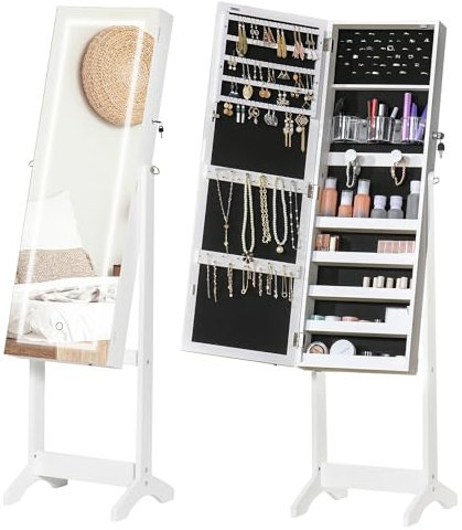 HOMCOM Jewellery Cabinet with LED Light, Lockable Jewellery Organiser with Full-Length Mirror for Bedroom Dressing Room, White