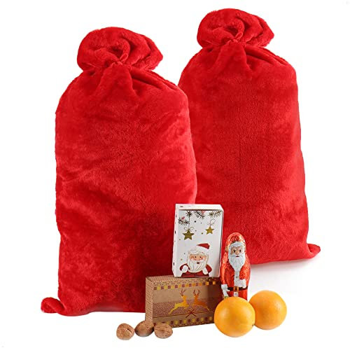 com-four® 2x Edler XL Weihnachtssack aus Plüsch mit roter Kordel - Geschenksack für Weihnachtsgeschenke - Zubehör für Weihnachtsmannkostüm - Weihnachts-Dekoration