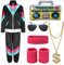 FOVER 80er Jahre Outfit Herren Damen Kostüm Trainingsanzug Pop Art Retro Stil Kostüm Accessoires set mit Aufblasbares Radio Sonnenbrille Halskette Schweißband set für Mottoparty Fasching Schwarz 15M