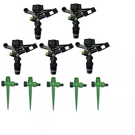 [Pack 5] Kit aspersor de riego circular conector macho de 1/2. Aspersor para jardín 360 + pincho porta aspersor. Herramienta de riego Circular. Aspersor + pincho con un alcance de 15m