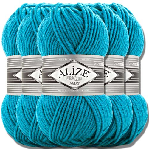 Alize 5x 100g Superlana Maxi Türkische Premium Wolle Baumwolle und Acryl Uni Handstrickgarne | Yarn | Garn | Strickgarn Einfarbig Baby zum Häkeln Stricken Kleidung Schals (Turquoise | 484)