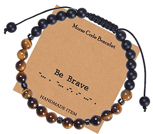 Aotiwe Armband Perlen Retro, Armband Herren Outdoor 6 mm Freundschafts Morsecode Geflochten Schwarz Braun mit Karte Be Brave Kristall 30cm mit Tigerauge