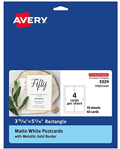 Avery Postkarten mit metallischen Goldrändern, 9,5 x 14,5 cm, insgesamt 40 Stück, Laser-/Inkjet-bedruckbare Postkarten (3329)