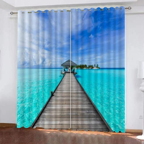 MELABE Small Bridge Gazebo Blackout Curtains, Blue Sea 3D Printing Window Curtain, 2 Panel Decor Grommet Curtains for Bedroom Living Room Home Decor 130W x 240H