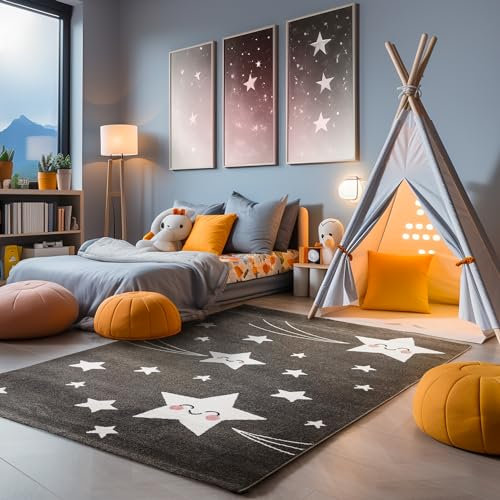 SIMPEX Teppich Kinderzimmer süßes Stern-Design Kurzflor Kinderteppich mädchen Spielteppich Modern Design Babyzimmer Teppiche für Junge und Mädchen Extra Weich und Antiallergen 140 x 200 cm