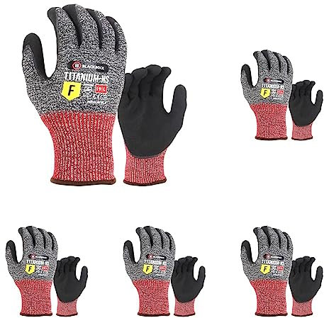 Blackrock Titanium-NS Maximum Cut Resistant Level F Heavy Duty Work Gloves, Nitrile Coating Dry Grip Men & Women's, Anti Cut Steel & Glass Fibre Safety Lining, Knife, Blade Protection,Grey,L,Pack of 5