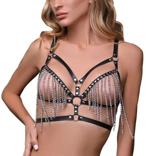 NEEMOSI Damen Leder Harness Körperkette Frauen Punk Leder Body Harness Brustgurt Quaste Ketten BH Einstellbar Gothic Kleidung Bondage Geschirre Sexy Dessous Damen Cupless Clubwear Unterwäsche