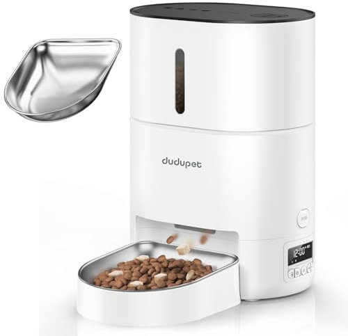 DUDUPET Automatic Cat Feeder, 4L Cat Food Dispenser Dog Feeder Automatic with Timer Function and 10-Second Voice Recording and Stainless Steel Bowl, Up to 6 Meals per Day