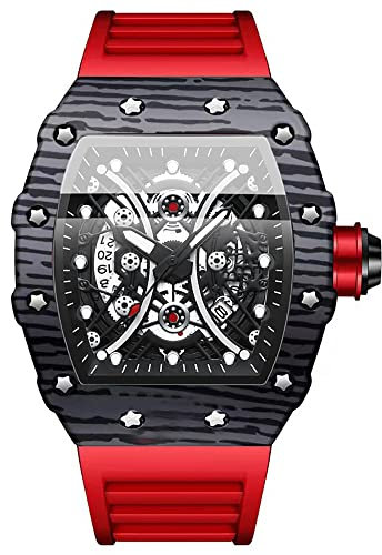 Tiong Herren Mode Quarzuhr Skelett Tonneau Großes Zifferblatt Analog Herren Armbanduhr Uhr Casual Business Rotes Silikon Armband Uhren