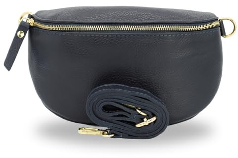 BRISE Bauchtasche Damen Echtes Leder SAHEL Personalisiert Handgemachte Umhängetasche Crossbody Bag Gürteltasche mit Ledergürtel + Breiten Gemusterten Riemen Stylische Made in Italy (Navyblau)