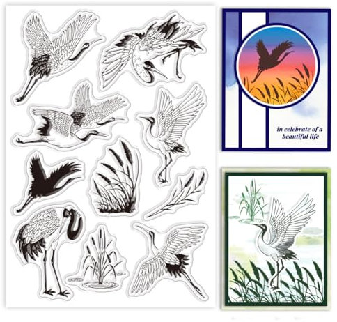 GLOBLELAND Transparente Stempel „Kranich Und Schilf“ Für Kartenherstellung Vogel Silikonstempel Siegel Klare Stamps Für DIY, Scrapbooking, Fotoalbum, Tagebuch