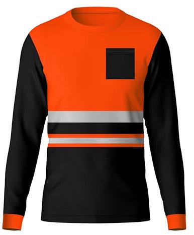 Mens Hi Vis High Visibility Reflective Tape Safety Contrast Long Full Sleeves Shirt Workwear Tee Tshirt Top Orange Black