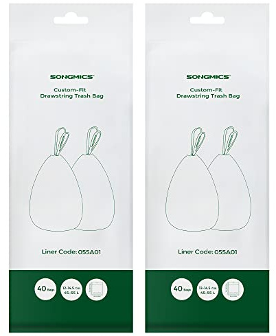 SONGMICS Trash Bags for 12-14.5 Gallon (45-55L) Trash Cans,80 Count Drawstring Kitchen Garbage Bags, Pre-Separated, Liner Code 055A01, 2 Rolls,White UKRB055A02