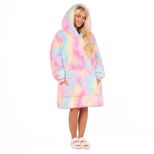 Sienna Fluffy Blanket Hoodie, Mothers Day Gifts Soft Sherpa Fleece Warm Cosy Oversized Hoodie Women Wearable Blanket Hooded Snoodie for Adult Teens Men Big Pocket, Tie Dye