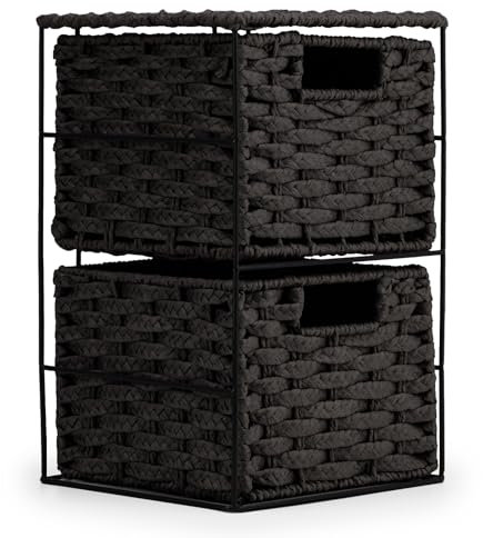 EHC Drawers Storage Unit Baskets, 2 Drawer Wicker Hand-Woven Storage boxes Shelves, Ideal For Organising Home or Office - Black 20 x 22 x 33 cm