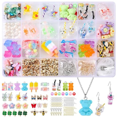 MJARTORIA Charms Anhänger Set, Schmetterling Bär Bubble Tea Edelstein Kleeblatt, Schmuck Selber Machen Set für Ohrringe Armband Halskette Schlüsselanhänger, DIY Geschenk für Kinder Erwachsene