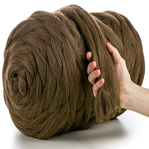 MeriWoolArt XXL Merino Wolle – 100% Schurwolle, Extra Dickes Filzgarn (4–5 cm) für Armstricken, Trocken- & Nassfilzen, Decken & Babydecken – Braun-Gelb 250g