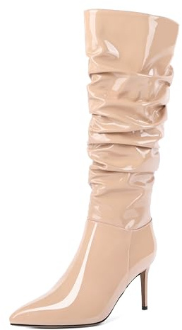 EDEFS Damen Pfennigabsatz Kniestiefel Geschlossene Zehe Stiefel Seitenreißverschluss Stiefelette Hochzeit Abschlussball Beige Lack Boties 3.4Inch/8.5cm Größe EU43