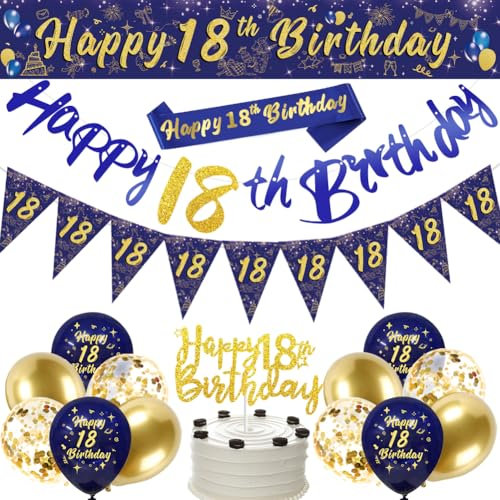 18th Birthday Decorations for Men, Navy Blue Gold, Triangle Flags, Confetti Balloons, Easy to Use, Indoor/Outdoor, All Seasons