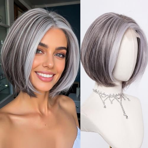 testar Graue Perücken Für Damen Kurzer Graue Bob Perücken Mit Blonden Strähnchen 12 Zoll Natürlicher Spitzenhaaransatz Silberne Perücken Hitzebeständige Perücke Für Mädchen Cosplay (Grau)