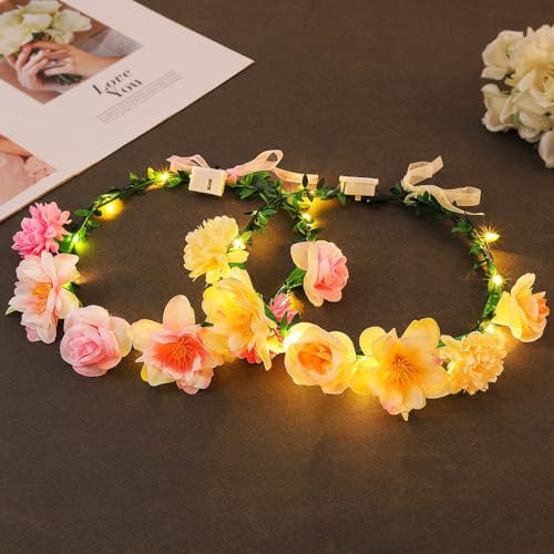 Zoestar Leuchtende Blumenkronen-Stirnbänder, LED-Girlande, Stirnband, Brautschmuck, Blumen-Kopfschmuck, Festival, Haarkranz für Damen und Mädchen, 2 Stück (Rosa und Beige, Einheitsgröße)