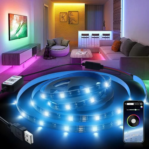 KSIBNW LED Strip 2M RGB, LED Streifen TV Bluetooth USB Selbstklebend Lichtband IP65 Musik Sync 64 Szenenmodus Timer-Einstellung App-Steuerung Farbwechsel Leiste Beleuchtung für 32-55Zoll TV, Party