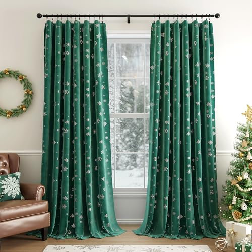 Beauoop Samtvorhänge, Weihnachtsmotiv, 160 cm lang, 2 Paneele für Schlafzimmer, Wohnzimmer, silberfarbene Schneeflocke, Urlaubsdekoration, wärmeisoliert, Raumverdunkelung, Stangentasche,
