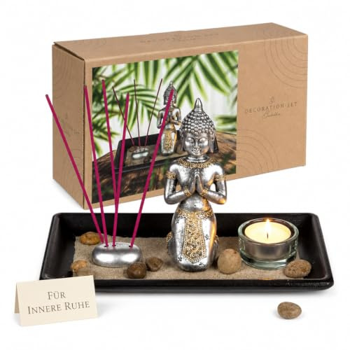 MIJOMA Meditations-Set: Buddha-Figur auf schwarzem Holz-Tablett, inkl. Teelichthalter, Räucherstäbchen, Dekosteine & Dekosand – Spirituelle Dekoration für innere Ruhe & Harmonie