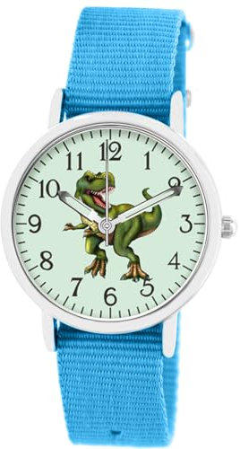 Brecjon Kinder Armbanduhr Jungen Jungenuhr Kids Dinosaurier T Rex Leucht Zifferblatt 5ATM Wasserdicht Textil Armband hellblau 5208