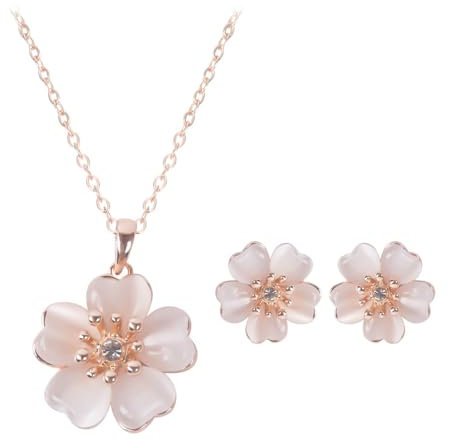 Niaspi Parure de bijoux Sakura délicate avec collier et boucles d'oreilles en cristal œil de chat à 4 feuilles et boucles d'oreilles à tige en forme de trèfle à 4 feuilles - Fleur de cerisier rose -