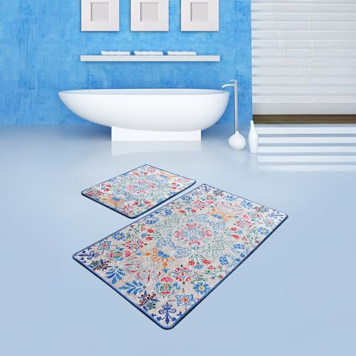 Bosdela Wood Ovales 2-Teiliges Badezimmerteppich-Set, Rutschfester WC-Vorleger & Badezimmerteppich, Wasserabsorbierend, Anti-Rutsch, 60x100 cm Ceramica Design