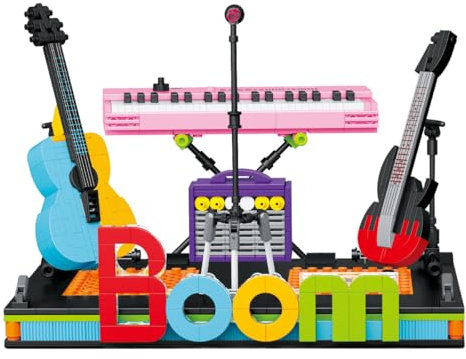 Fuwraixis E-Piano Bauklotz-Set,Rock-Instrument Bauklotz-Modell,Gitarrendekoration mit Display-Sockel,Geschenke für Kinder und Erwachsene ab 6 Jahren,593 Stück