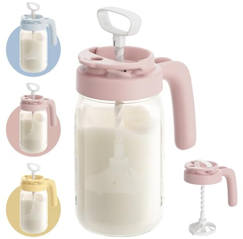 Papablic Jarra mezcladora de fórmula de vidrio, jarra de leche materna con tapa de mango mezclador, mezclador de boca ancha de 24 onzas con boquilla de bloqueo abatible, fácil de limpiar, sin BPA