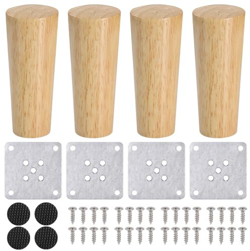 Zocipro 4 pièces Pieds de Meuble en Bois 12cm, Coniques en Chêne Pied Meuble avec Plaque de Montage, Vis et Tapis Antidérapant, pour Canapé, Fauteuil, Table, Meuble TV, Placard