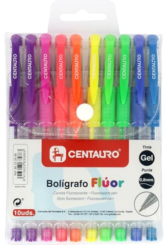 Centauro - Pack 10 Boligrafos Gel de Colores Fluor, Trazo Fino, 0,8mm, Cómodo Agarre de Goma, Perfecto como Material Escolar para Escribir y Dibujar