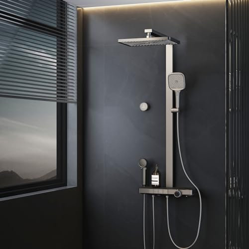 EMKE Duschsystem mit Thermostat 40 cm LED-Anzeige Glasablage, Regendusche Duschsystem mit Elternteil und Kind Handbrause, Einfach Install Duschsystem, KTW Zertifizierung Duschset, Anthrazit Matt