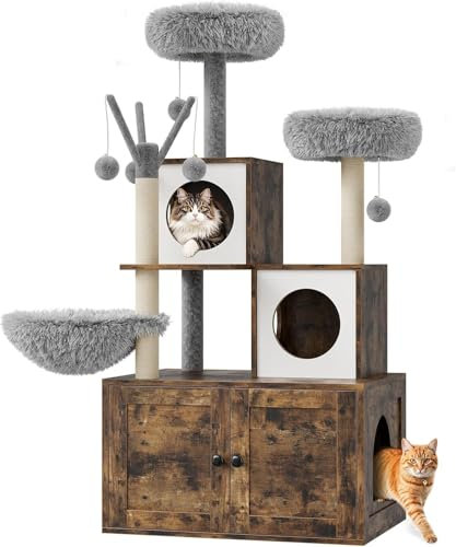 Katzenbaum Mit Katzenklo Schrank, 146 cm Hoch, Katzenhaus Aus Holz Mit Kratzbaum, HäNgeball, KatzenrüCken Und Oberer Sitzstange, All-In-One (Eichenbraun)