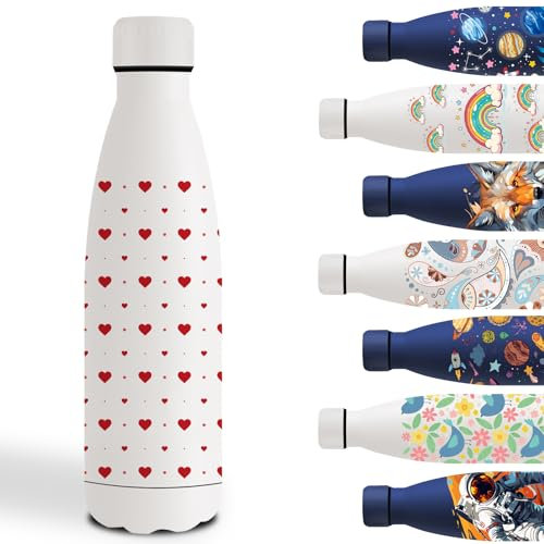 Gourde Isotherme, 500ml Gourde Enfant, Gourde Personnalisée avec Cœur, Gourde Sport Sans BPA, Double Paroi Isolante, Bouteille d'eau anti Fuite, Gourde Inox pour École, Bureau, Voyage, Sports, Blanc