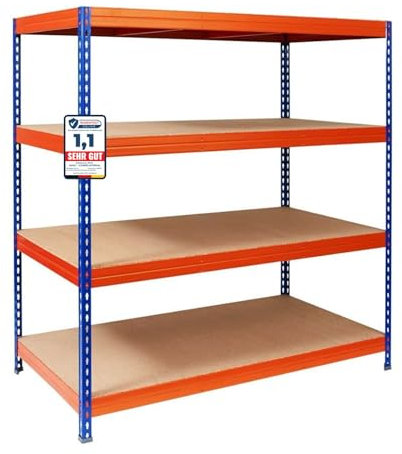 etm Weitspannregal 200 x 180 x 60 cm - mit Traglast bis zu 1500 kg, verwendbar als Schwerlastregal,Lagerregal,Kellerregal,Steckregal, Blau-Orange
