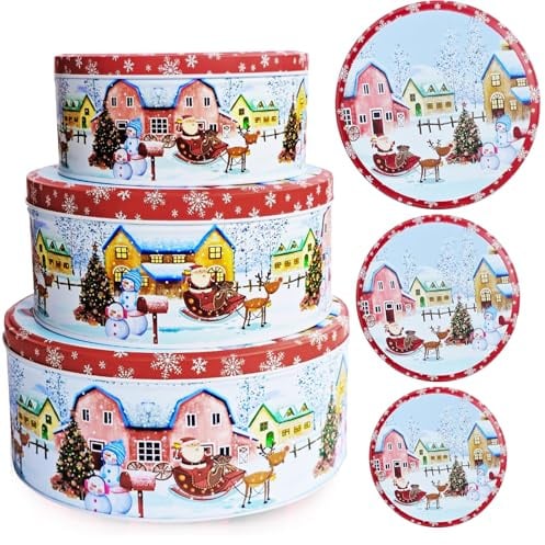 Sunshine smile 3er Set Weihnachtskeksdosen aus Metall,Winter Collage Keksdosen,Rund Plätzchendose Metall,Keksdosen mit Deckel für Weihnachten,Plätzchendosen für Gebäck,Snacks und Geschenke