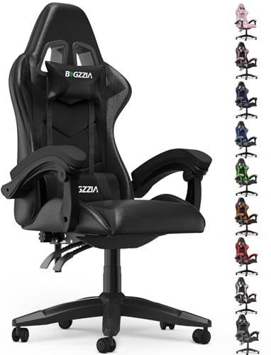 Racingreat Gaming Stuhl Ergonomisch, 90°–135° Neigungswinkel (Schwarz) | PU-Leder, Memory-Schaum, öhenverstellbar & 360° drehbar, Zocker Stuh, Junge Erwachsene Gamer Büro Pause Familien