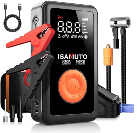 Arrancador de Coche 3000A con Compresor de Aire 150 PSI, Booster Batería 12V para Motores Gasolina 7.0L y Diésel 6.0L, Inflador Portátil con Pantalla LCD y Luz LED