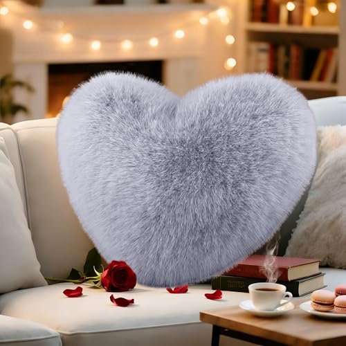 Herzkissen Kuschelkissen Flauschig, Herzform Kissen, Plüsch Kissen Herzform, Love Zierkissen Aesthetic, Herzkissen Geschenk für Wohnzimmer Sofa, Schlafzimmer Bett (Langflor - Grau, 30 x 40 cm)