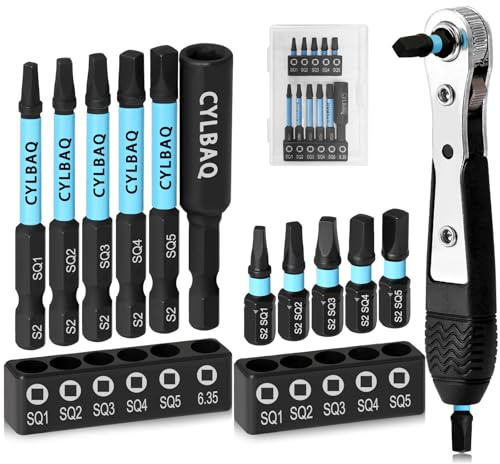 CYLBAQ Square Screwdriver Bits, 10PCS Screwdriver Set with Small Ratchet Set, 60mm+25mm Magnetic Square Head Screwdriver, S2 Alloy Steel Robertson Driver Bits, 1/4 Hex Shank with Extension Bit Holder