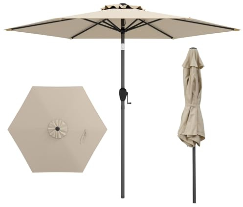 COSTWAY Sonnenschirm 230 cm, Gartenschirm mit Kurbel, beidseitig um 35° knickbar, Terrassenschirm mit 6 Rippen, Marktschirm für Garten, Balkon, Terrasse, Beige