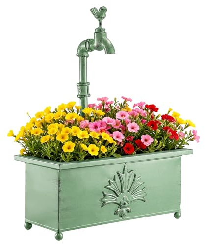 ANYVOYAGE Vintage Metal Planter with Decorative Tap, Rustic Iron Flower Pot Box for Garden, Patio, Balcony & Home Décor (Green)