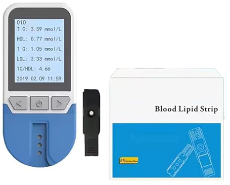 Axazcs Cholesterin-Testgerät, Multifunktionales Lipid-Messgerät-Set, 5-in-1 Für TC, TG, LDL, HDL, Blutfett-Tester Mit 25 Teststreifen, 200 Speicherplätze Für Messwerte, Schnelle Ergebnisse